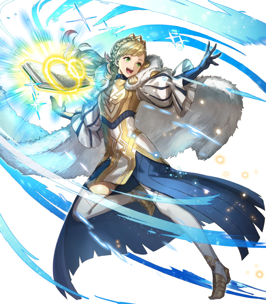 1girl, armor, attack, blonde_hair, blue_gloves, book, breastplate, cape