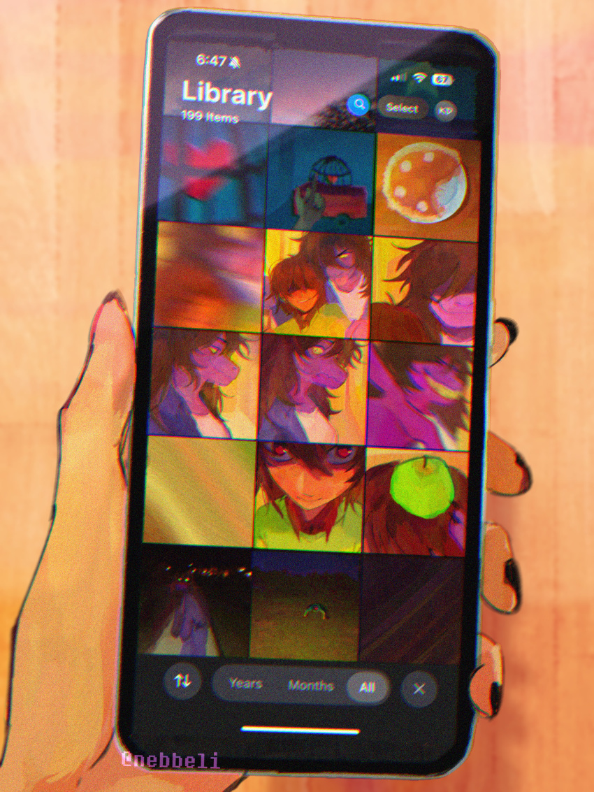 1girl, 1other, absurdres, apple, birdcage, cage, cellphone, colored_skin