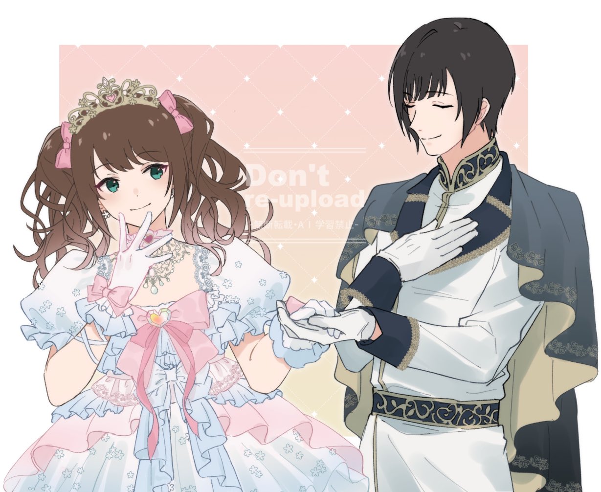 2boys, black_hair, brown_hair, crossdressing, crossdressing_(mtf), dress, gloves, green_eyes