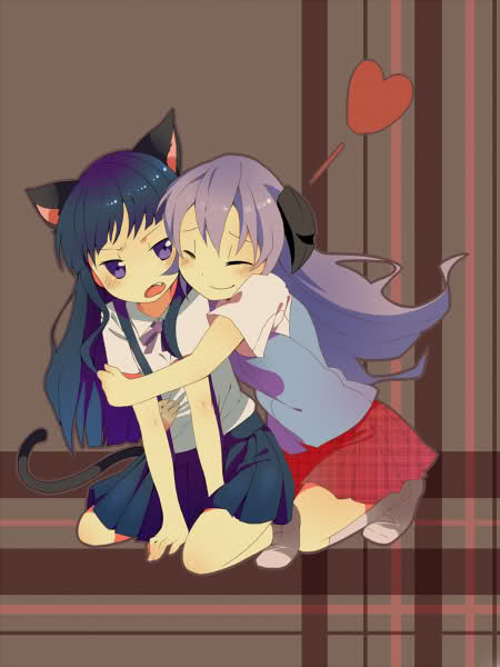 animal_ears, blue_hair, cat_ears, cat_girl, cat_tail, closed_eyes, duplicate, fang