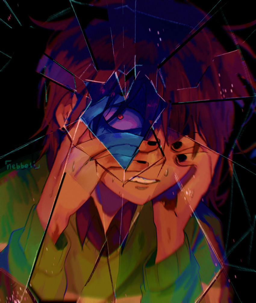 1other, absurdres, alternate_skin_color, blue_skin, broken_glass, broken_screen, brown_hair, colored_skin