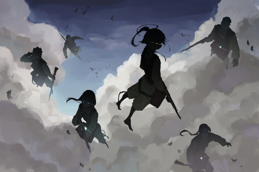 2girls, 4boys, absurdres, blue_eyes, clouds, flying, glowing, glowing_eyes