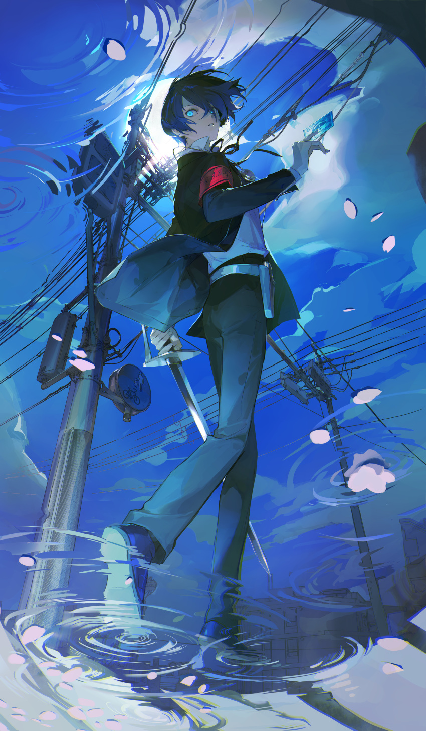 1boy, absurdres, armband, black_jacket, black_pants, blue_eyes, blue_hair, blue_sky