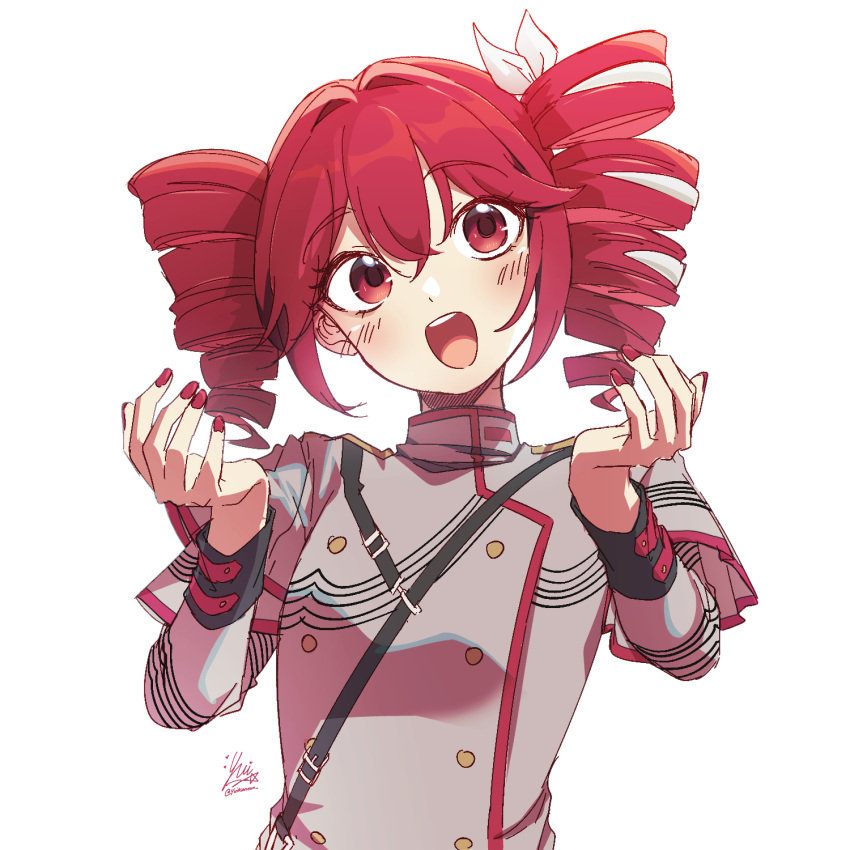 1girl, bow, buttons, drill_hair, grey_jacket, hair_between_eyes, hair_bow, hands_up