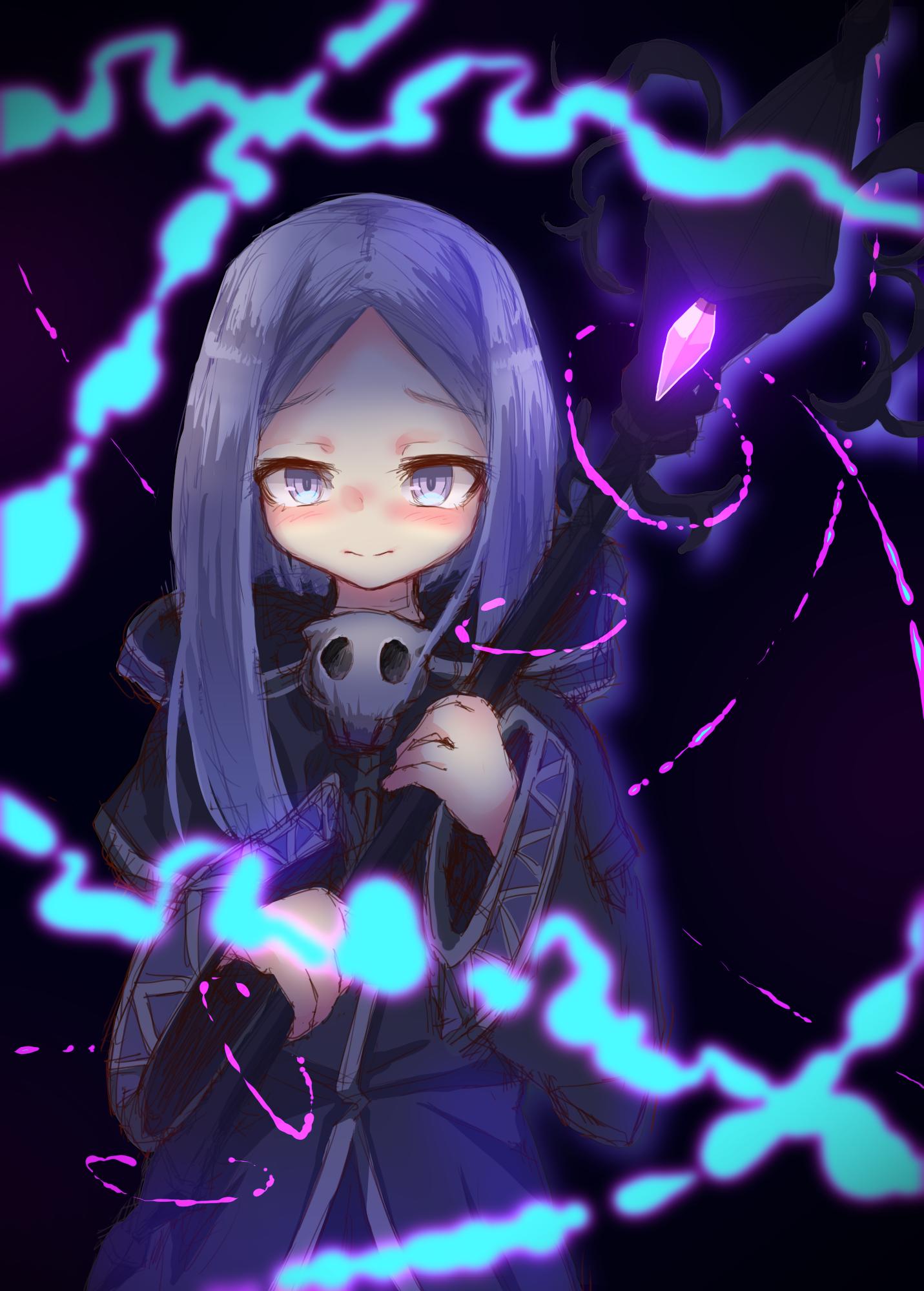 1girl, black_robe, blue_eyes, crystal, dark, emil_chronicle_online, highres, holding