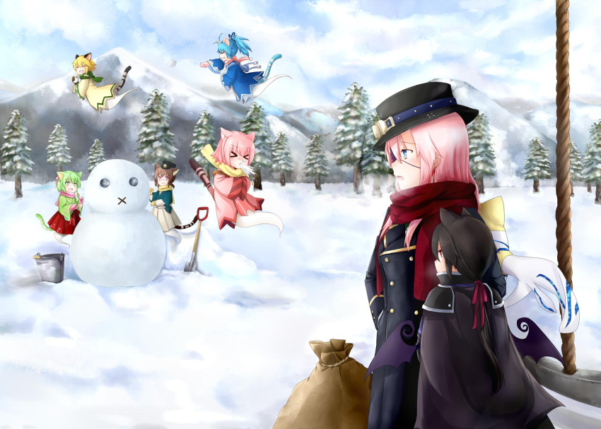 6+girls, ahoge, animal_ears, armor, bag, bat_wings, black_armor, black_cloak