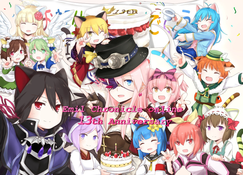1boy, 6+girls, ahoge, animal_ears, anniversary, apron, armband, armor
