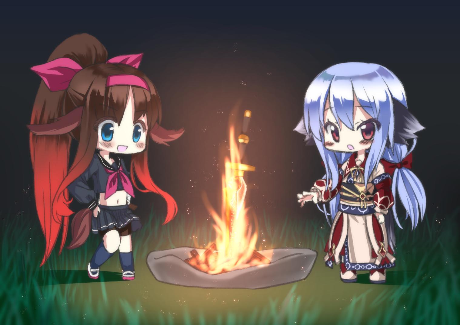 2girls, ainu_clothes, akari_(eco), animal_ears, bike_shorts, blue_eyes, blue_hair, blue_socks, bow, brown_hair, chibi, dog_ears, dog_tail, emil_chronicle_online, fire, gradient_hair, hair_bow, hairband, keys_shrine, long_hair, low_ponytail, multicolored_hair, multiple_girls, open_mouth, pink_bow, pink_hairband, ponytail, red_eyes, red_hair, red_ribbon, ribbon, school_uniform, serafuku, shoes, shugoma_uzuki, socks, tail, uwabaki