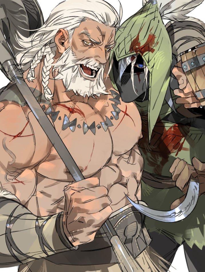 2boys, arm_around_shoulder, axe, beard, belt, black_pants, blood, blood_on_clothes