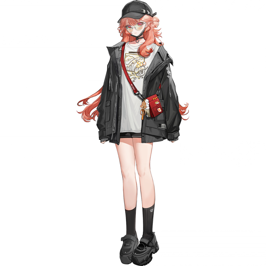 1girl, arknights, black_shorts, boots, full_body, glasses, haruka_(arknights), highres