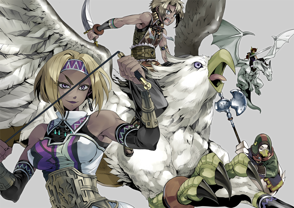 axe, bird, black_hair, blonde_hair, boots, bright_(suikoden), bun-o, claws
