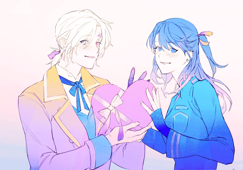 1boy, 1girl, absurdres, allen_walker, badge, black_order_uniform, blue_background, blue_eyes