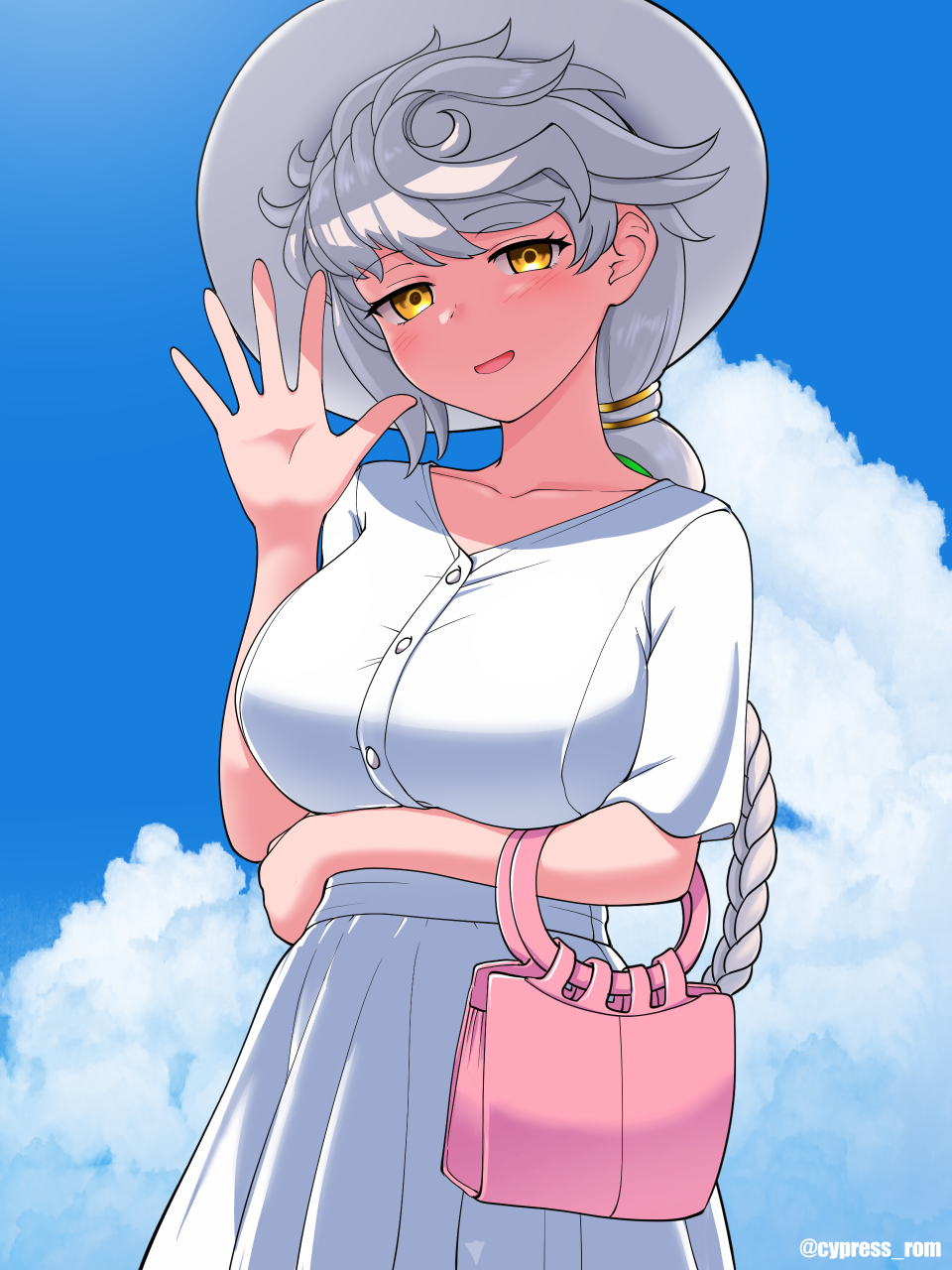 1girl, asymmetrical_hair, blue_sky, blush, braid, braided_ponytail, breasts, clouds