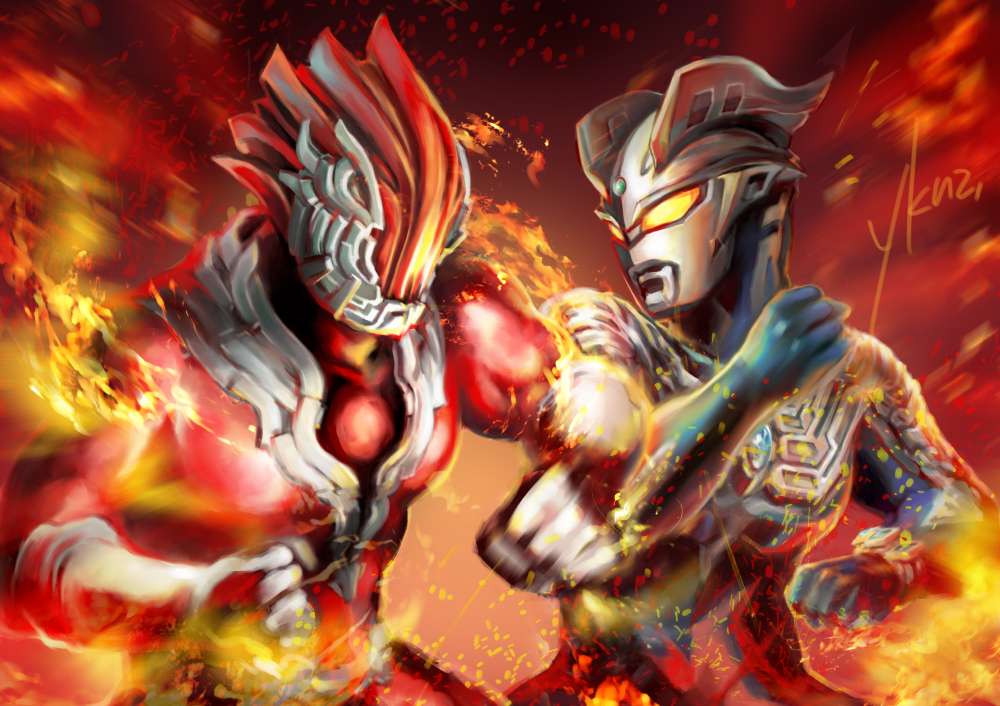 2boys, abs, alien, armor, aura, battle, black_skin, blue_skin