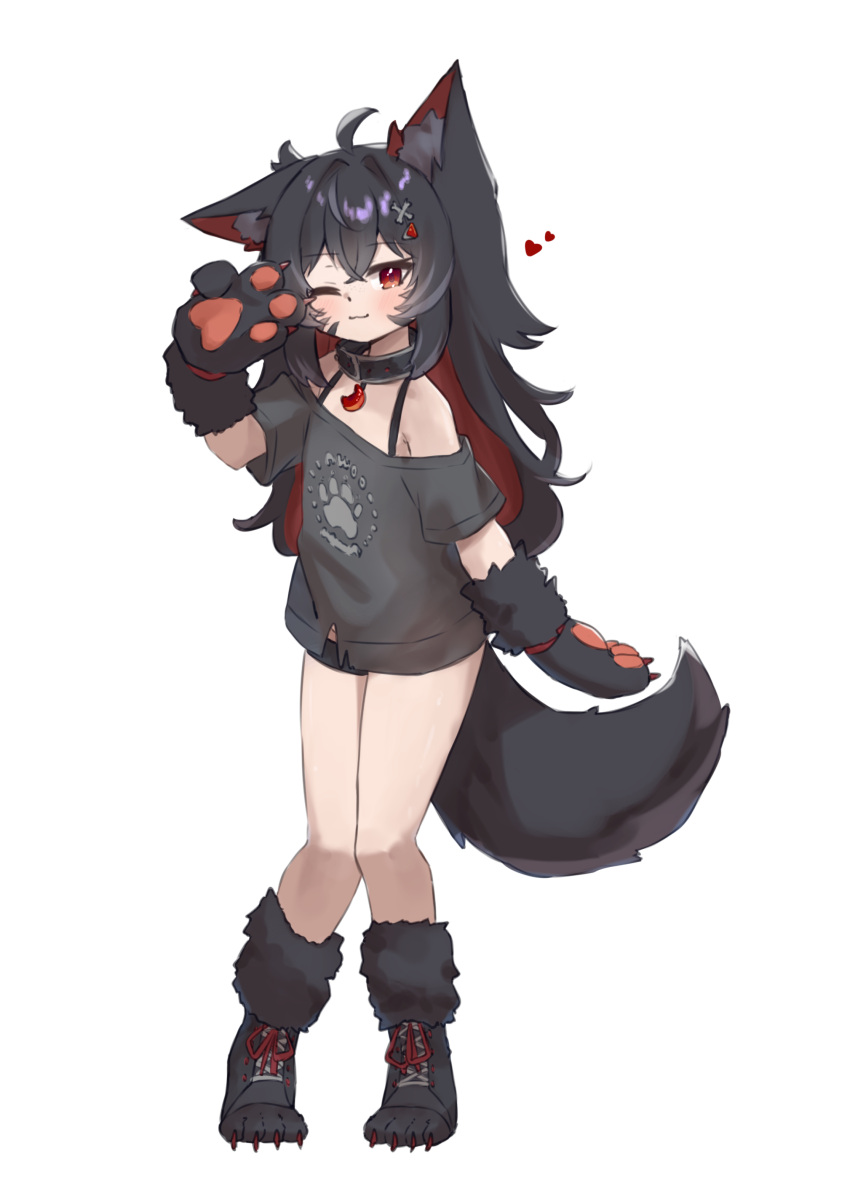1girl, ;3, absurdres, animal_ears, animal_hands, black_hair, collar, colored_inner_hair, crescent_pendant, facial_mark, full_body, gevuxx, gloves, grey_shirt, highres, indie_virtual_youtuber, kiba_(vtuber), long_hair, looking_at_viewer, multicolored_hair, no_pants, one_eye_closed, paw_gloves, paw_shoes, red_eyes, red_hair, shirt, simple_background, tail, thigh_strap, two-tone_hair, virtual_youtuber, whisker_markings, white_background, wolf_ears, wolf_girl, wolf_tail