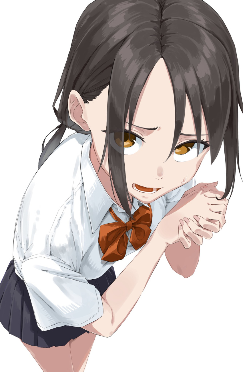 1girl, black_hair, brown_eyes, collared_shirt, highres, looking_at_viewer, low_twintails, manemane_nichinichi