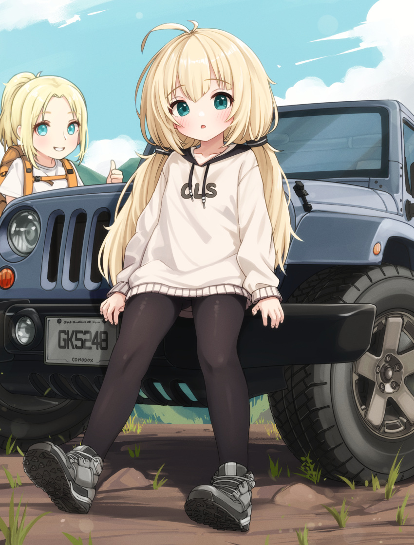 2girls, absurdres, backpack, bag, blonde_hair, commentary, comodox, day