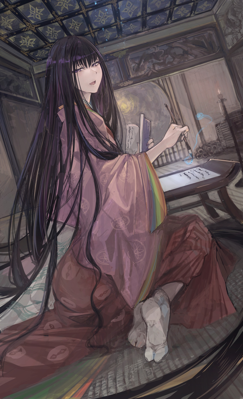1girl, absurdres, black_hair, book, breasts, calligraphy_brush, commission, ebichannoshippo, fate/grand_order, fate_(series), highres, japanese_clothes, kimono, layered_kimono, long_hair, long_sleeves, looking_at_viewer, medium_breasts, murasaki_shikibu_(third_ascension)_(fate), open_mouth, paintbrush, pink_kimono, pixiv_commission, smile, solo, violet_eyes