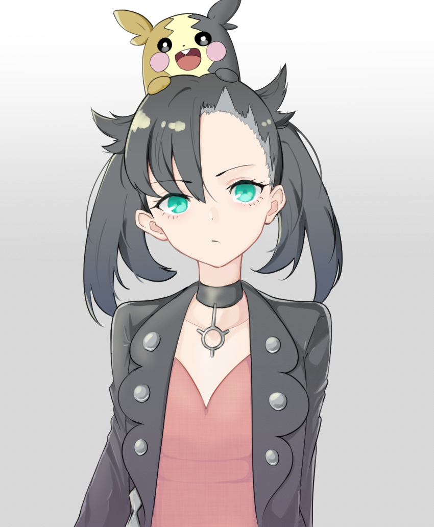 1girl, asymmetrical_bangs, black_choker, black_hair, black_jacket, choker, closed_mouth, collarbone