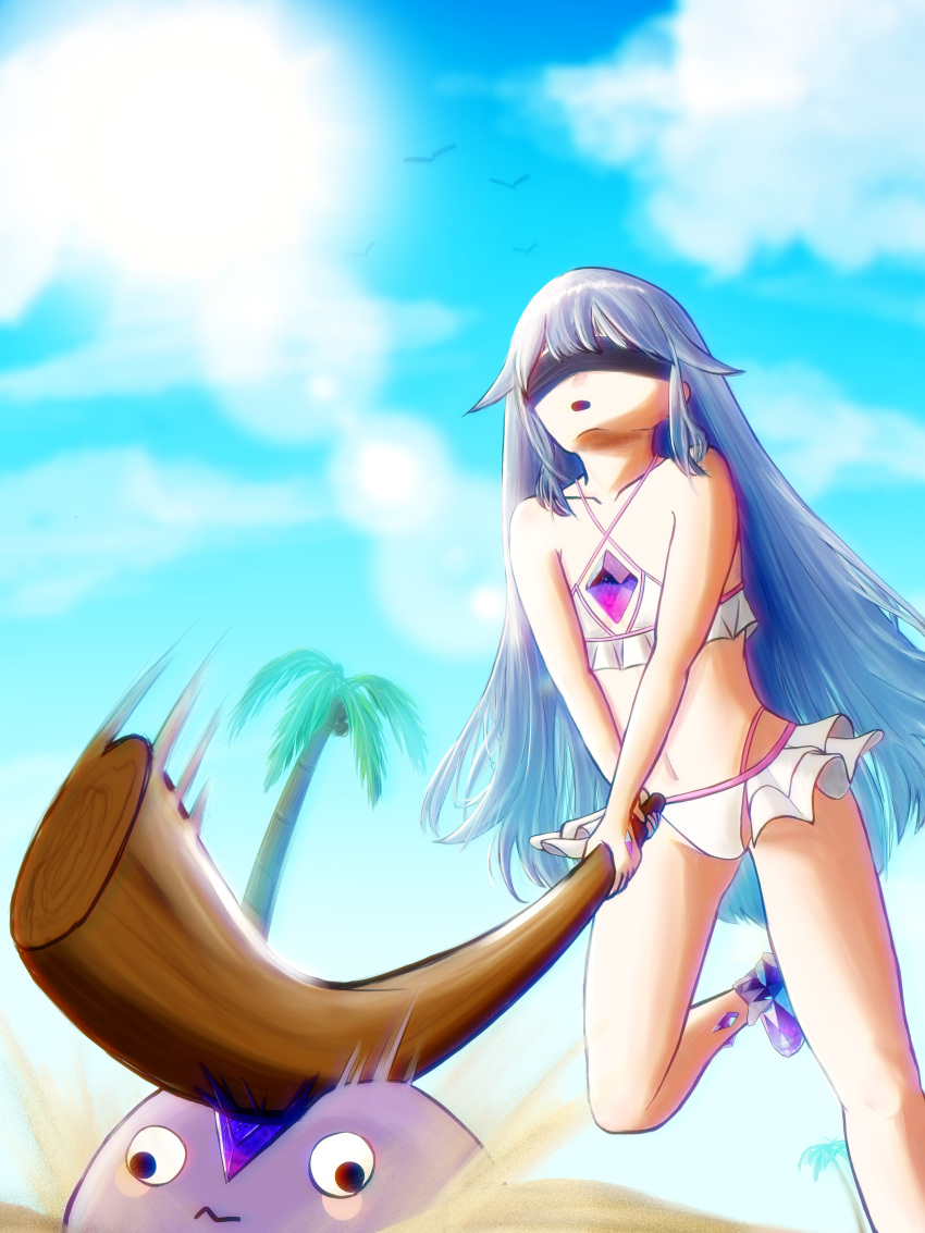 absurdres, beach, bikini, blindfold, chest_jewel, flat_chest, frilled_bikini, frills