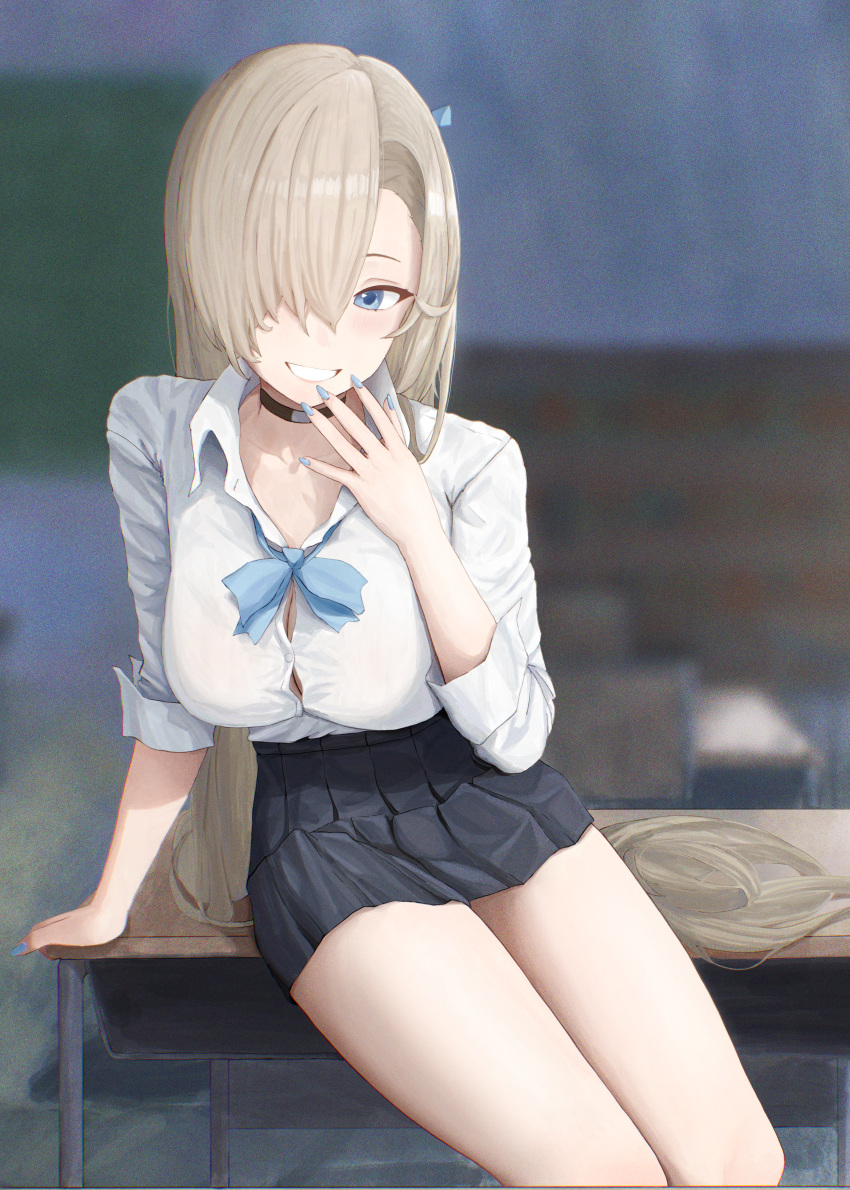 1girl, absurdres, asuna_(blue_archive), asuna_(school_uniform)_(blue_archive), black_choker, blue_archive, blue_eyes, blue_nails