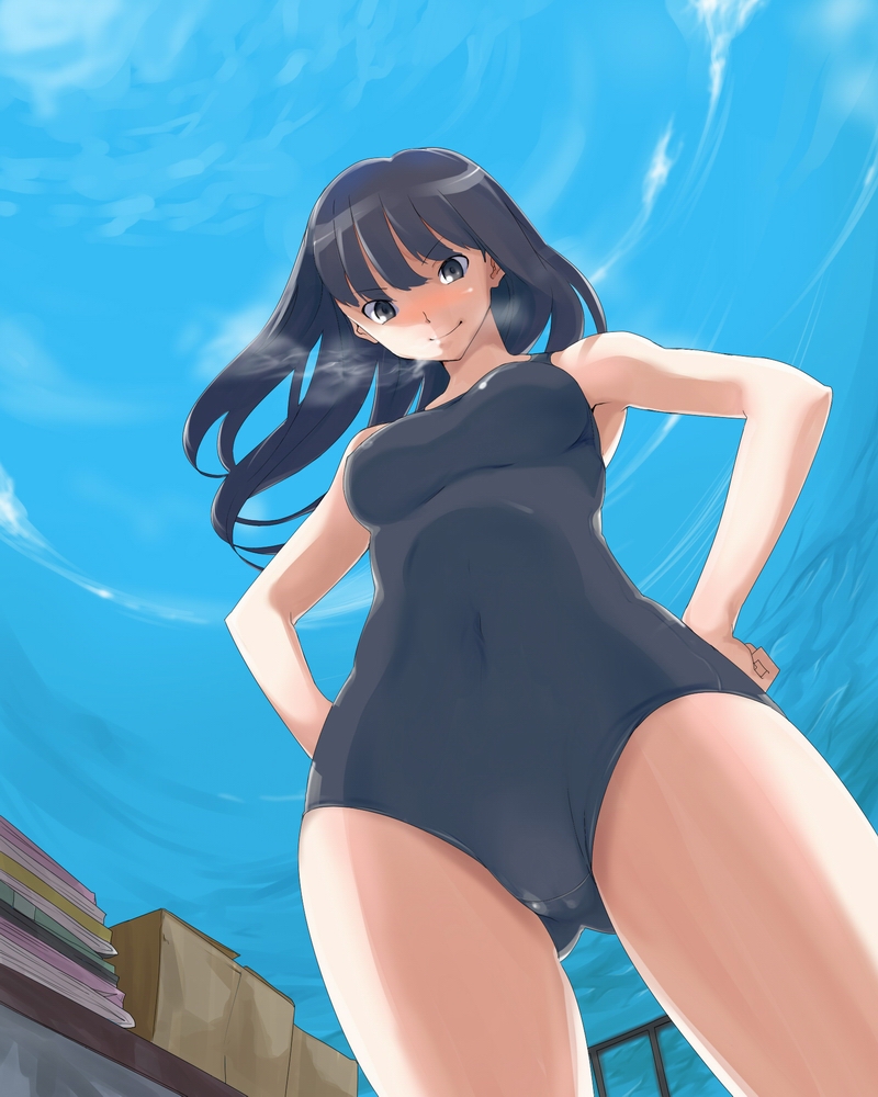 1girl, amagami, ayatsuji_tsukasa, black_eyes, black_hair, blue_sky, from_below, hands_on_hips
