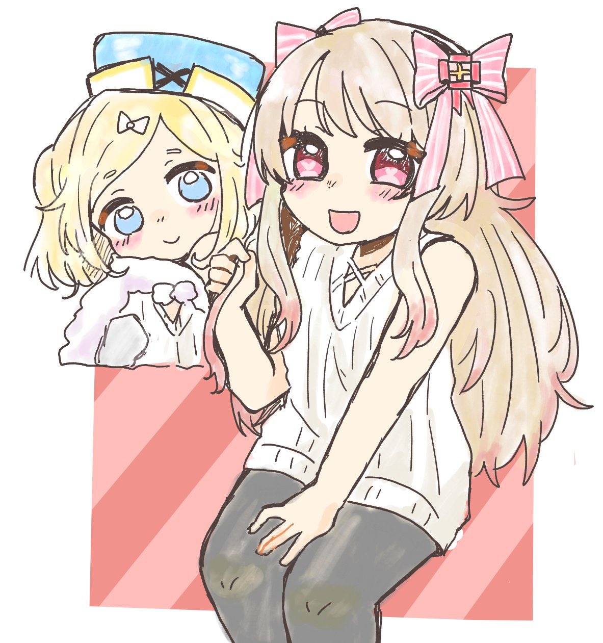 2girls, alternate_costume, aqua_hat, black_pantyhose, blue_eyes, chaos_marie_(grimms_notes), closed_mouth, grabbing_own_hair