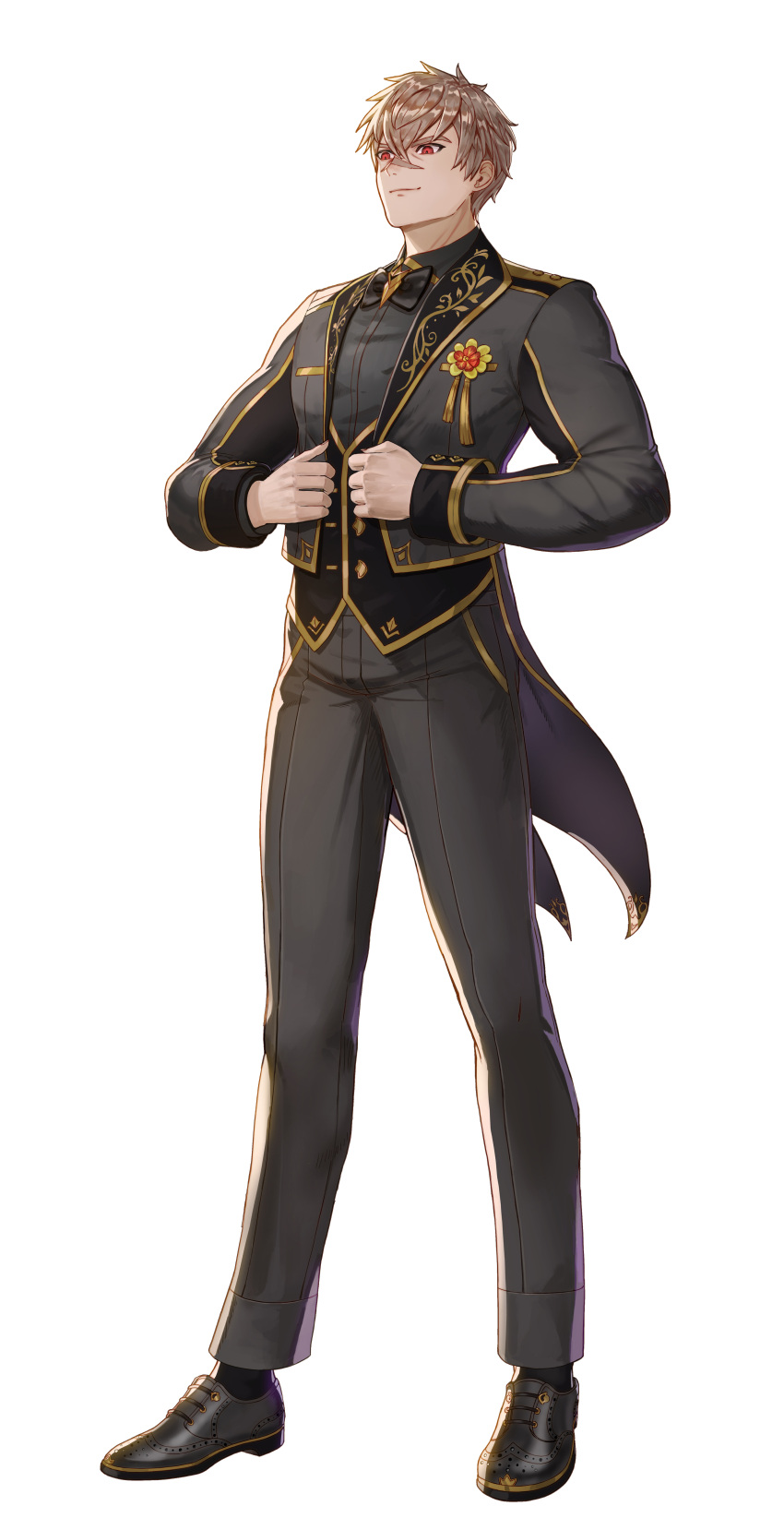 1boy, absurdres, adjusting_clothes, bernheim_(king's_raid), black_bow, black_bowtie, black_jacket, black_pants, black_shirt, black_shoes, black_socks, black_suit, black_vest, bow, bowtie, brown_hair, commentary, deepmaru, english_commentary, formal_clothes, full_body, gold_trim, highres, jacket, king's_raid, official_alternate_costume, official_art, pants, red_eyes, shirt, shoes, short_hair, smile, socks, solo, suit, tailcoat, vest
