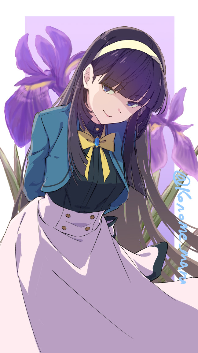 1girl, arms_behind_back, black_hair, blue_jacket, breasts, claudia_ashley, closed_mouth, eyebrows_hidden_by_hair