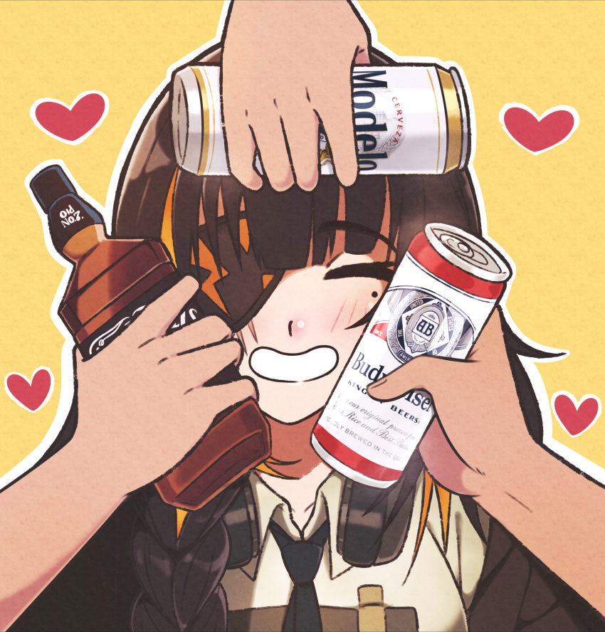 1girl, 3boys, absurdres, alcohol, beer_can, black_jacket, black_necktie, blush