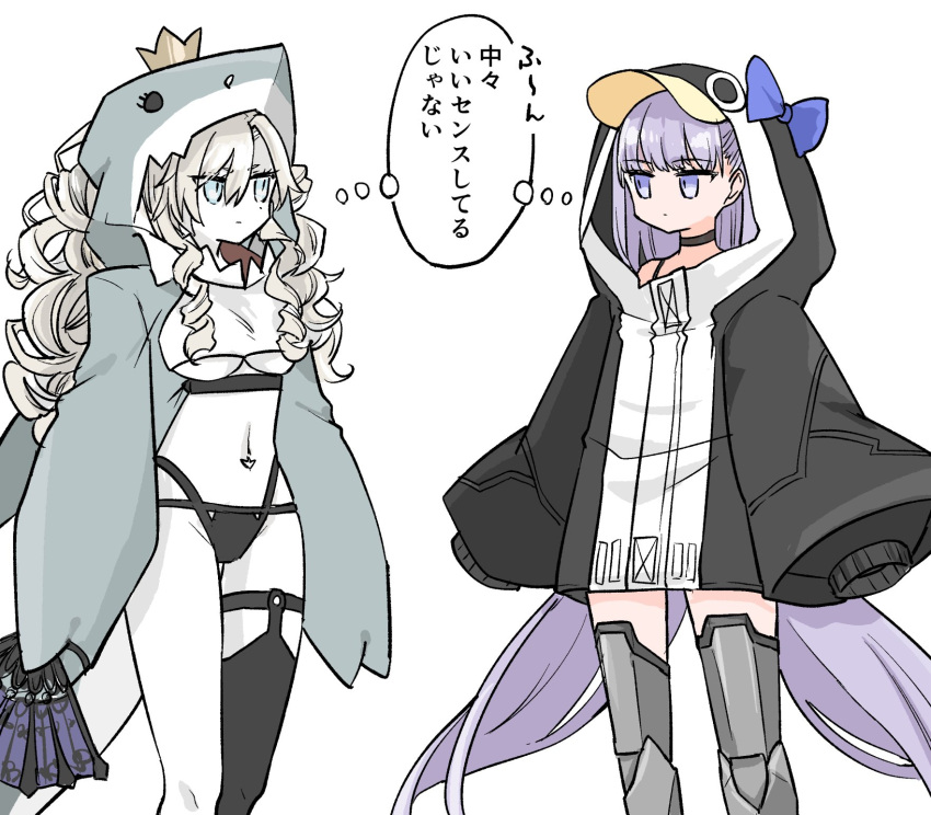 2girls, animal_costume, animal_hood, blue_eyes, choker, curly_hair, fate/grand_order, fate_(series), folding_fan, grey_hair, hand_fan, highres, himeko_(nico6v6pachi), hood, hoodie, kriemhild_(fate), kriemhild_(swimsuit_rider)_(second_ascension)_(fate), long_hair, meltryllis_(fate), meltryllis_(swimsuit_lancer)_(fate), meltryllis_(swimsuit_lancer)_(first_ascension)_(fate), midriff, multiple_girls, navel, penguin_hood, purple_hair, shark_costume, simple_background, single_thighhigh, sleeves_past_wrists, swimsuit, thigh-highs, translated, very_long_hair, violet_eyes, white_background
