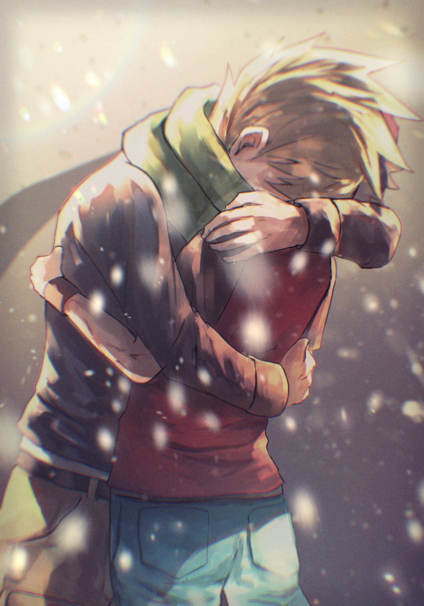 2boys, absurdres, belt, blue_oak, brown_pants, commentary_request, green_scarf, highres