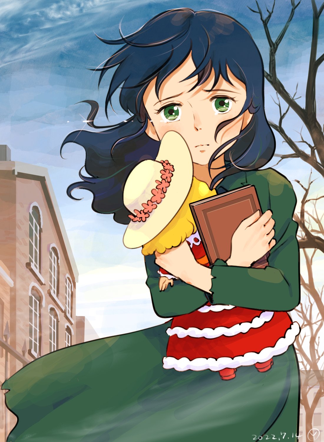 1girl, bare_tree, blue_hair, blue_sky, book, building, closed_mouth, commentary