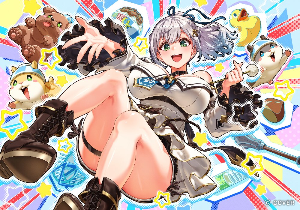 1girl, :d, ankle_boots, black_shorts, blue_necktie, blue_ribbon, boots, breasts, brown_boots, buru-dai, commentary_request, copyright_notice, cotton_swab, dan'in-san_(shirogane_noel), double-parted_bangs, fleur-de-lis, fold-over_boots, frilled_sleeves, frills, full_body, green_eyes, grey_hair, hair_ribbon, high_heel_boots, high_heels, holding, holding_cotton_swab, hololive, large_breasts, long_hair, looking_at_viewer, mace, necktie, off-shoulder_shirt, off_shoulder, official_alternate_costume, official_alternate_hairstyle, official_art, open_mouth, ponytail, ribbon, shirogane_noel, shirogane_noel_(5th_costume), shirt, short_hair, short_necktie, short_shorts, shorts, smile, solo, teeth, thigh_strap, upper_teeth_only, virtual_youtuber, weapon, white_shirt, white_sleeves, wide_sleeves