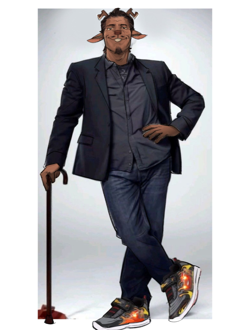1boy, akeiomi, animal_ears, antlers, beard, black_shirt, black_suit, cane, cars_(movie), closed_mouth, cosplay, crossed_legs, deer_ears, deltarune, denim, english_commentary, facial_hair, furry, furry_male, gregory_house, gregory_house_(cosplay), hand_on_own_hip, highres, holding, holding_cane, horns, house_m.d., light_up_shoes, lightning_mcqueen, looking_at_viewer, male_focus, reindeer_antlers, reindeer_boy, rudolph_holiday, shirt, smile, standing, suit, utdr_(toby_fox)
