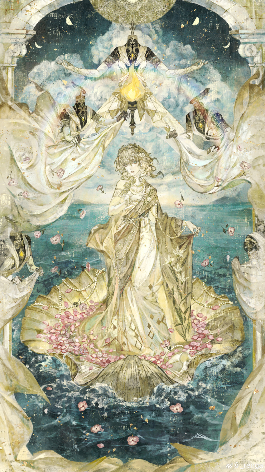 1girl, absurdres, adapted_costume, aglaea_(honkai:_star_rail), ancient_greek_clothes, arch, architecture, bead_belt