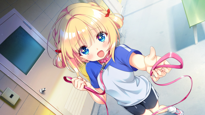 +_+, 1girl, :d, animal_collar, black_shorts, blonde_hair, blue_sleeves, blunt_bangs