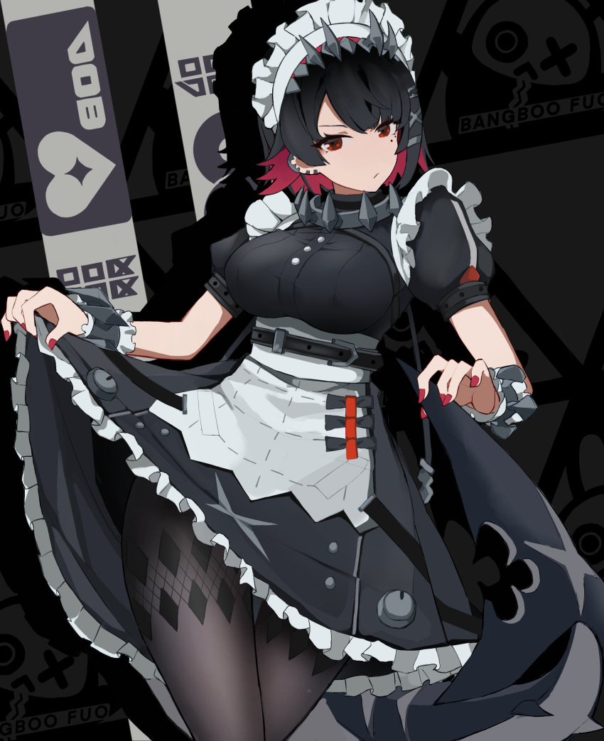 1girl, absurdres, bangboo_(zenless_zone_zero), black_dress, black_hair, black_pantyhose, bow, breasts, closed_mouth, clothes_lift, colored_inner_hair, dress, dress_lift, ear_cuffs, ellen_joe, fins, fish_tail, frilled_wristband, fu_o, hair_ornament, hairband, highres, holding_own_tail, jewelry, large_breasts, looking_at_viewer, maid, maid_headdress, metal_hairband, mole, mole_under_eye, multicolored_hair, pantyhose, razor_blade_hair_ornament, red_eyes, red_hair, red_nails, scar, scar_on_tail, shark_girl, shark_tail, short_hair, simple_background, solo, spiked_headband, tail, thigh_gap, two-tone_hair, zenless_zone_zero