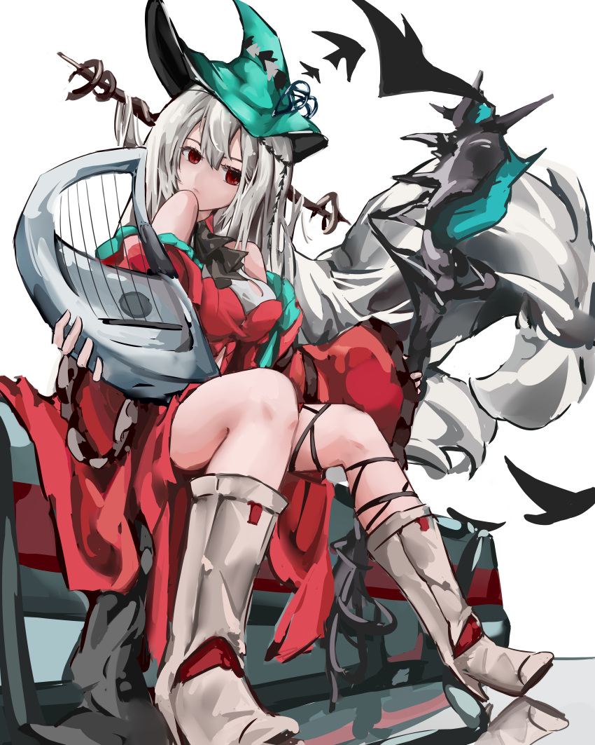 1girl, absurdres, angelfish, aqua_gloves, aqua_hat, arknights, ascot, bare_shoulders, black_ascot, black_ribbon, boots, breasts, closed_mouth, clothing_cutout, detached_sleeves, dress, fish, floating_hair, flying_fish, fu_o, full_body, gloves, hair_between_eyes, hair_ornament, hair_ribbon, harp, hat, high_heel_boots, high_heels, highres, holding, holding_harp, holding_staff, instrument, leg_ribbon, long_hair, long_sleeves, looking_at_viewer, medium_breasts, navel_cutout, off-shoulder_dress, off_shoulder, official_alternate_costume, red_dress, red_eyes, red_sleeves, reflection, reflective_floor, ribbon, simple_background, sitting, skadi_(arknights), skadi_the_corrupting_heart_(arknights), solo, staff, tropical_fish, very_long_hair, white_background, white_hair