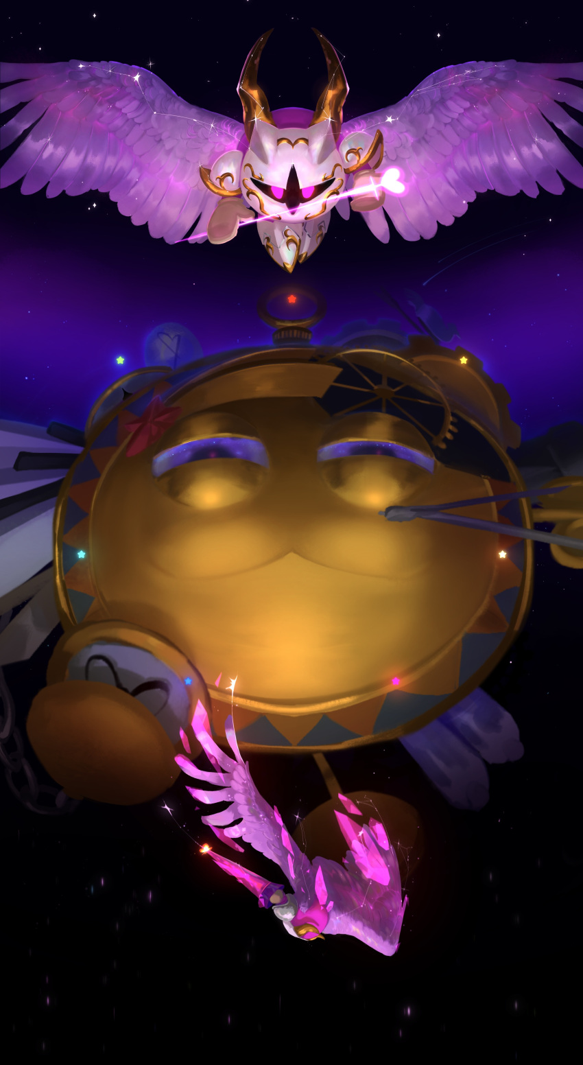 :3, absurdres, constellation, galacta_knight, galactic_nova, gears, highres, horns, kirby_(series), kirby_star_allies, kirby_super_star_ultra, light_bulb, morpho_knight_(butterfly), no_humans, pasteldraqon, piano_keys, pocket_watch, polearm, spear, star_(sky), star_(symbol), super_kirby_clash, violet_eyes, watch, weapon, weather_vane