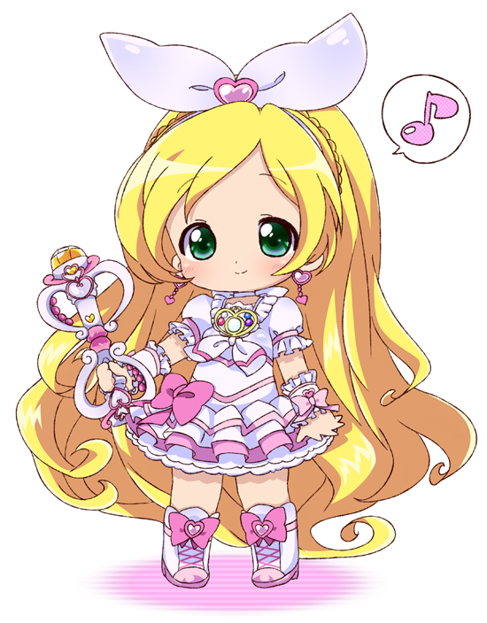 bad_id, blonde_hair, blush, boots, bow, brooch, chibi, choker, cure_rhythm, dress, earrings, fantastic_belltier, frills, green_eyes, hair_ribbon, hairband, jewelry, long_hair, magical_girl, minamino_kanade, musical_note, precure, ribbon, smile, solo, suite_precure, wand, white_background, wrist_cuffs, youri19