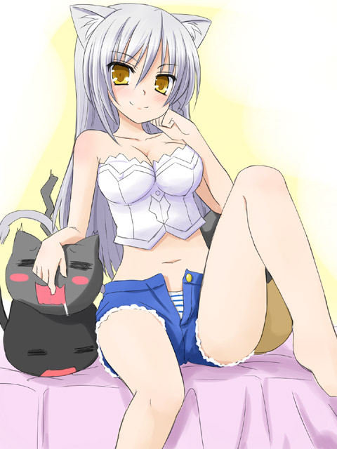bare_shoulders, barefoot, breasts, cat, cat_ears, cat_girl, cathead, cats, cleavage, denim, dog_days, dog_ears, dog_tail, kazami_ruku, legs, leonmitchelli_galette_des_rois, lion_tail, long_hair, midriff, navel, panties, shorts, silver_hair, sitting, smile, smiling, solo, striped, striped_panties, tail, unbuttoned, underwear, unzipped, white_hair, yellow_eyes