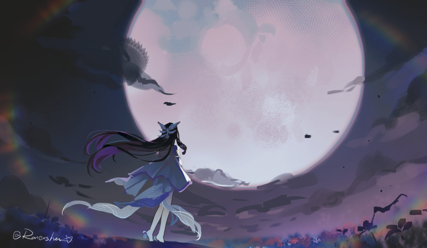 1girl, black_hair, columbina_(genshin_impact), commentary, dress, feather_hair_ornament, feathers, from_behind, full_body, full_moon, genshin_impact, hair_ornament, head_wings, highres, long_hair, moon, multicolored_hair, night, pink_hair, ranersha1, solo, standing, two-tone_hair, very_long_hair, white_dress, wing_hair_ornament, wings