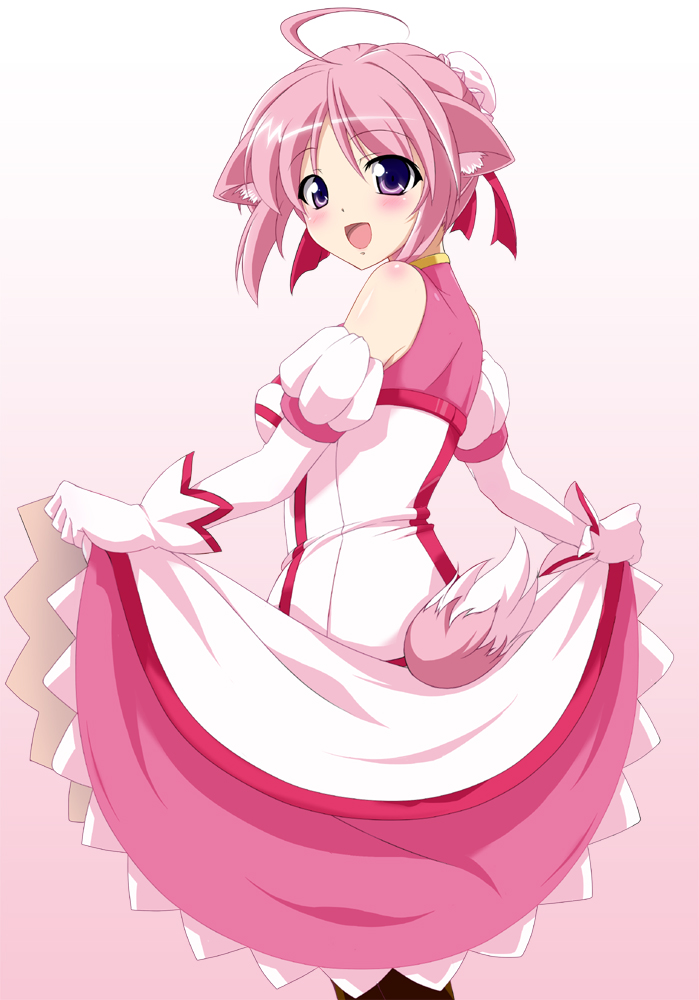 animal_ears, bare_shoulders, blush, dog_days, dog_ears, dog_tail, dress, dress_shirt