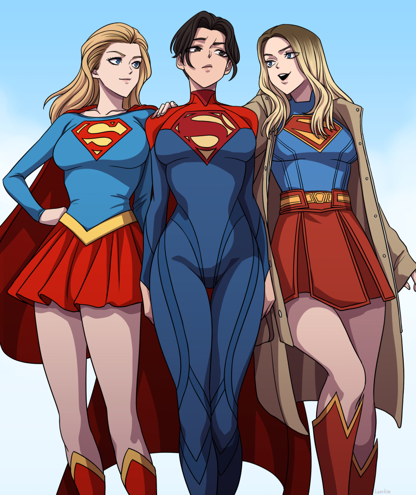 3girls, absurdres, animification, black_hair, blonde_hair, blue_bodysuit, blue_eyes, bodysuit