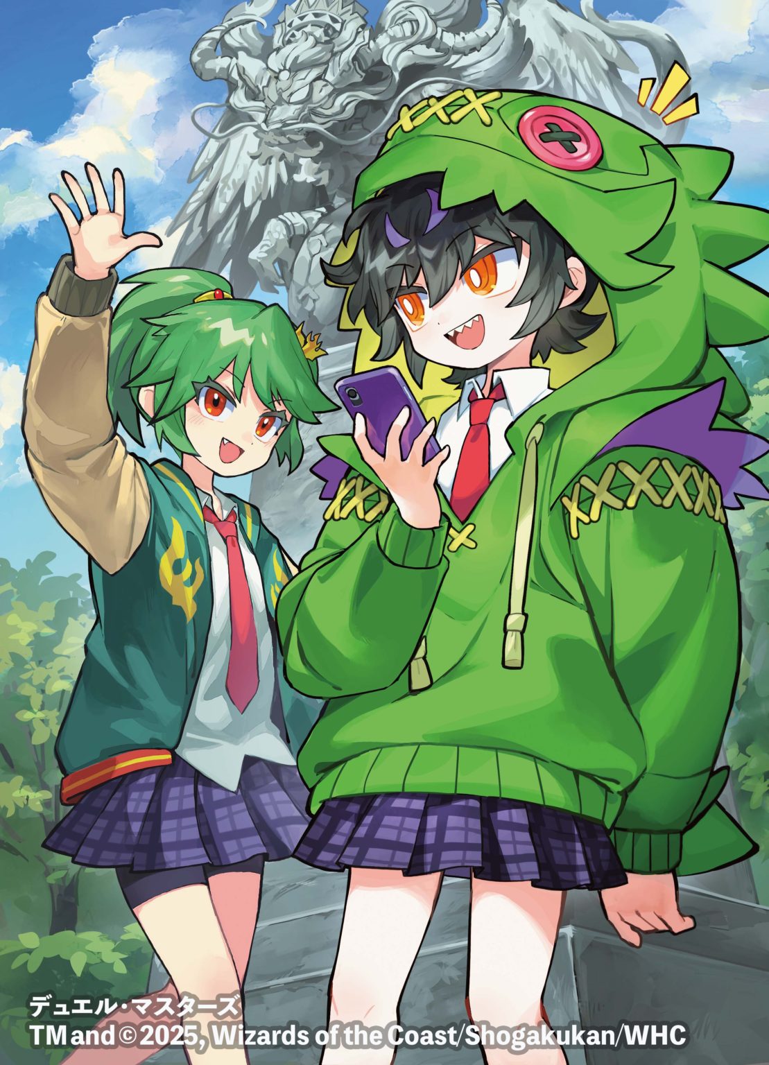 2025, 2girls, animal_hood, arm_up, black_hair, black_shorts, cellphone, chifuin_gyai