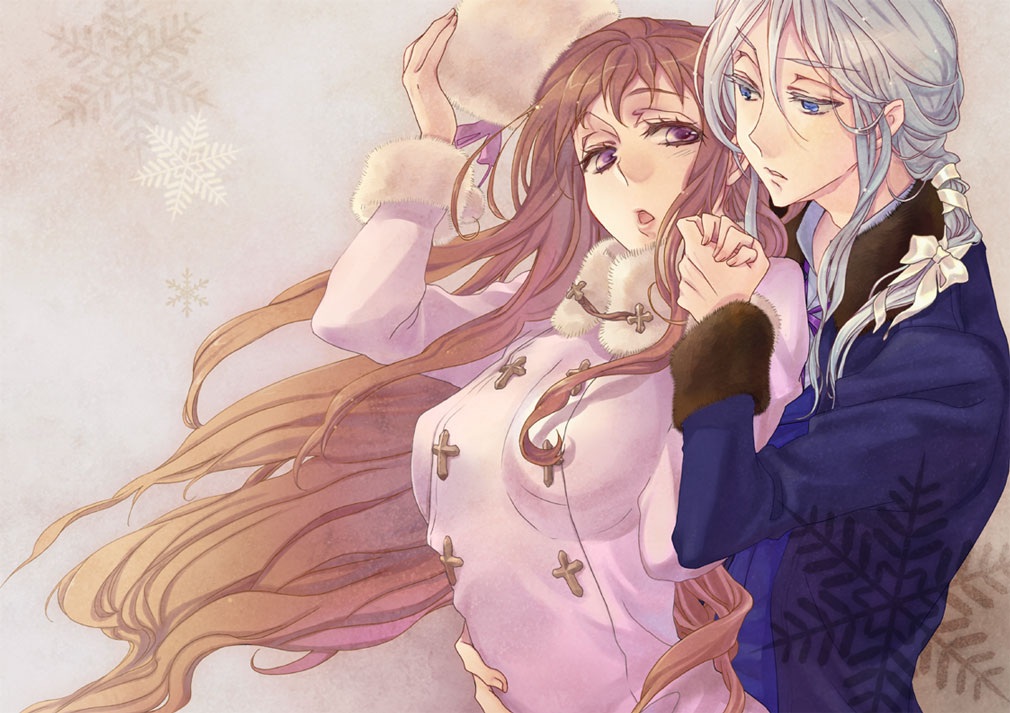 bambooshoot, belarus_(hetalia), blonde_hair, blue_eyes, braid, brother_and_sister, coat, genderswap, hand_holding, hat, holding_hands, long_hair, purple_eyes, russia_(hetalia), siblings, single_braid, violet_eyes, white_hair