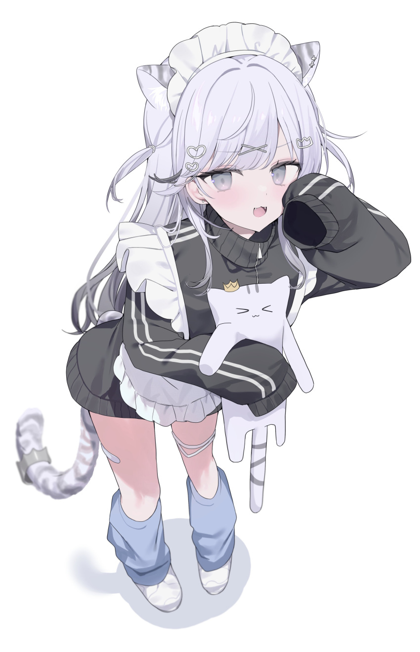 1girl, :d, absurdres, animal_ears, apron, black_jacket, cat_ears, cat_girl, cat_tail, extra_ears, fangs, full_body, gradient_hair, grey_eyes, grey_hair, hair_ornament, heart, heart_hair_ornament, highres, jacket, jersey_maid, kohaku_sogo, leaning_forward, long_hair, long_sleeves, looking_at_viewer, loose_socks, maid, maid_apron, maid_headdress, multicolored_hair, no_pants, open_mouth, original, shoes, simple_background, sleeves_past_fingers, sleeves_past_wrists, smile, socks, standing, stuffed_animal, stuffed_cat, stuffed_toy, tail, tail_crown, track_jacket, turtleneck, turtleneck_jacket, unconventional_maid, white_apron, white_background, white_hair, white_shoes
