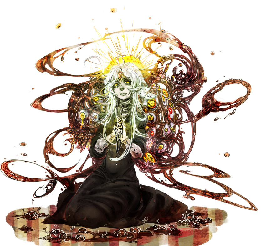 1girl, ahoge, black_dress, black_nails, blood, blood_drop, blood_splatter, bloodshot_eyes