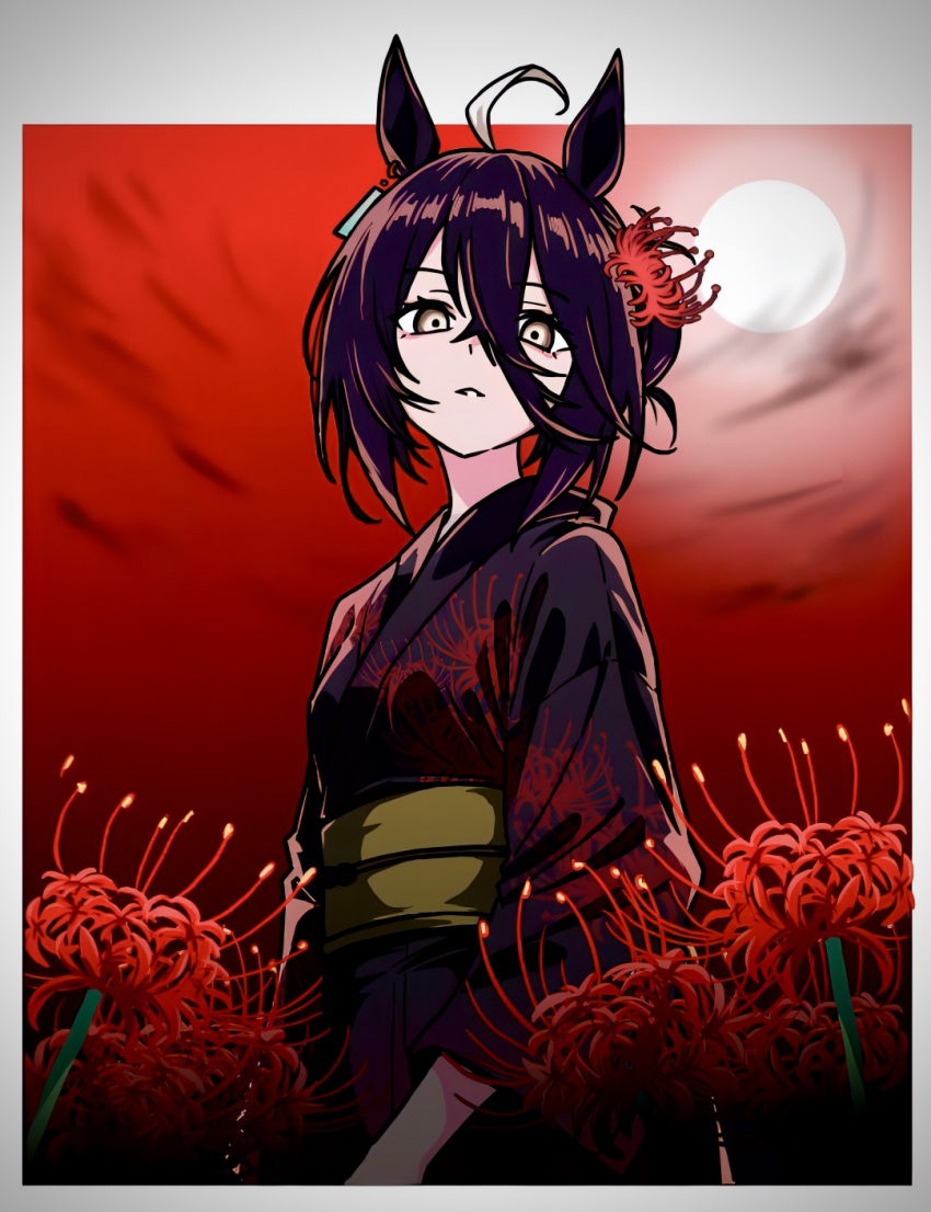 1girl, ahoge, animal_ears, blue_kimono, breasts, chime!, clouds, ear_ornament